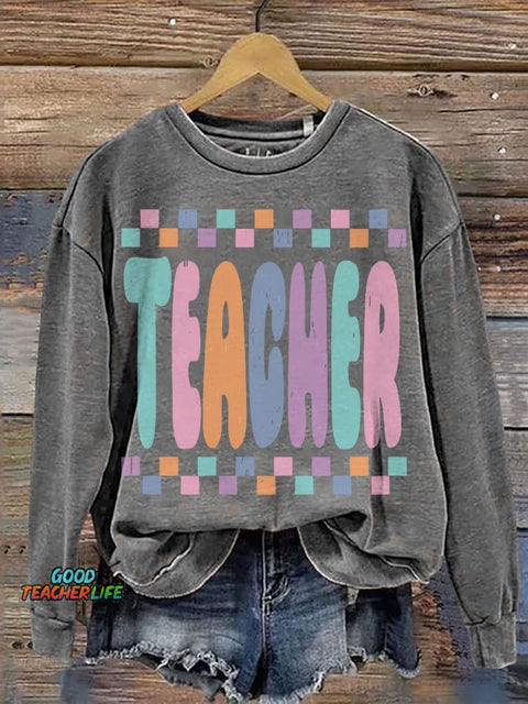 Retro Teacher Life Teacher Casual Print Sweatshirt