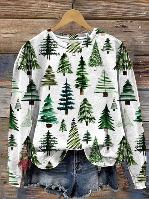 Watercolor Christmas Tree Pattern Printed Casual Sweatshirt