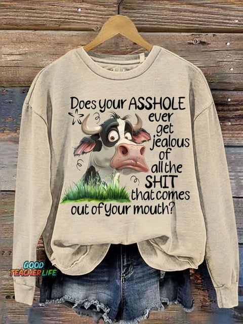 Funny Letter Cow Art Print Casual  Sweatshirt