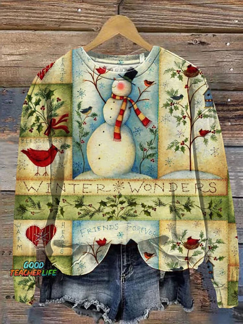 Retro Christmas Snowman Patchwork Art Print Casual Sweatshirt