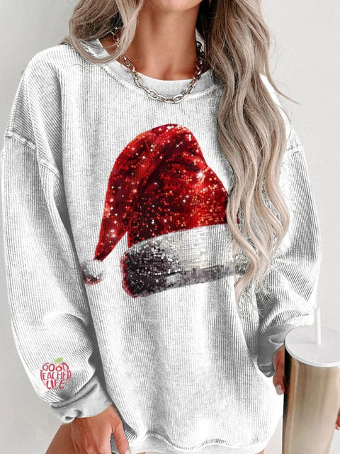 Christmas Glitter Santa Hat Print Women's Casual Sweatshirt