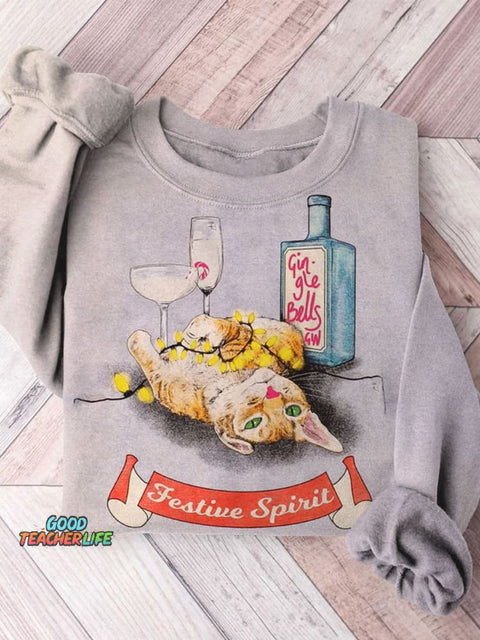 Funny Christmas Cat Art Print Casual  Sweatshirt