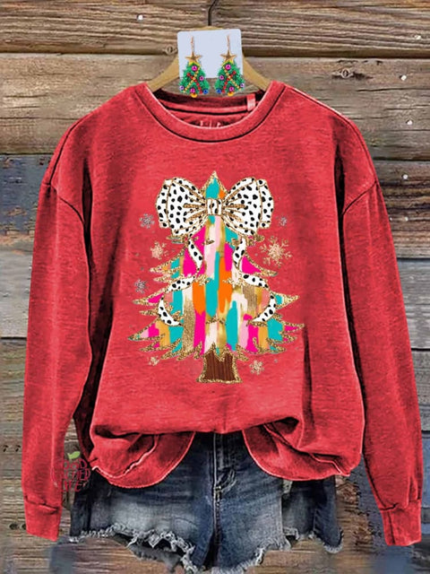 Retro Colorful Coquette Glitter Christmas Tree Print Sweatshirt