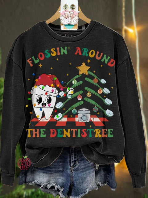 Christmas Flossing Around The Dentistree Christmas Dentist Orthodontist Casual  Sweatshirt