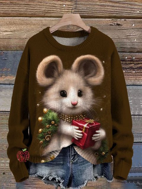 Oil Painting Mouse And Christmas Present Art Printed Knit Pullover Sweater