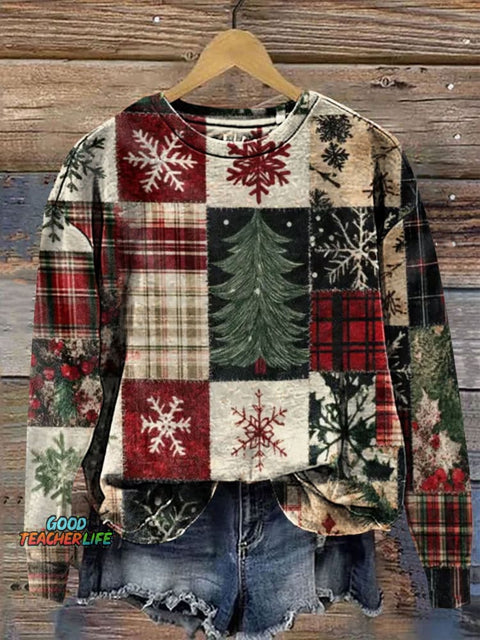 Retro Christmas Patchwork Art Prrint Casual  Sweatshirt