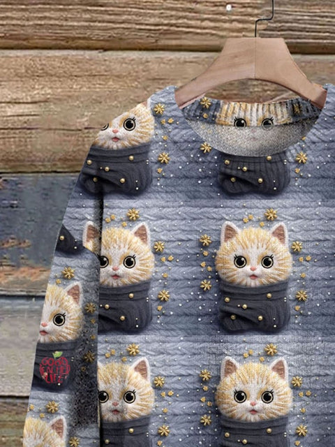 Christmas Cute Cat Simulated 3D Funny Print Casual Knit Pullover Sweater