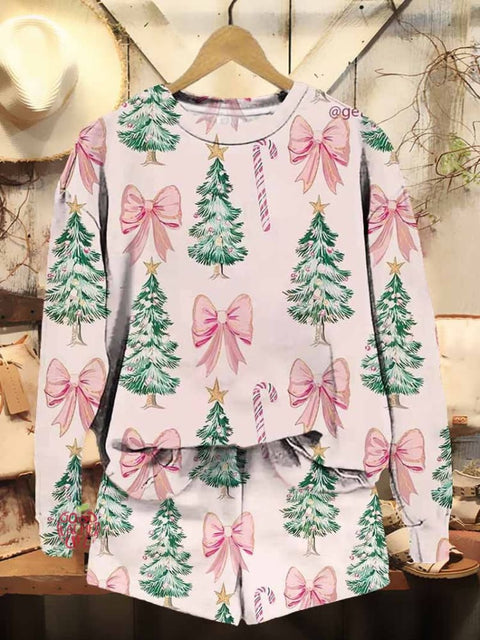 Women's Christmas Tree Bow Print Casual Sweatshirt Shorts Set