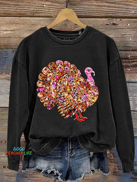 Thanksgiving Turkey Disco Ball Thanksgiving Casual Print Sweatshirt