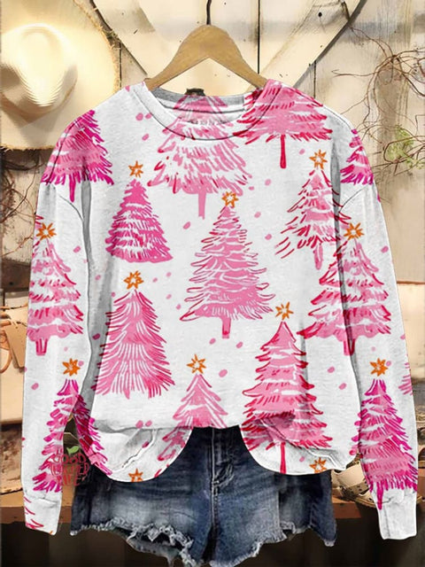 Pink Christmas Trees Print Casual Sweatshirt