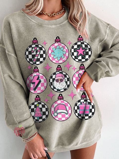 Groovy Christmas Pink Checkered  Women's  Casual Print Corduroy Sweatshirt