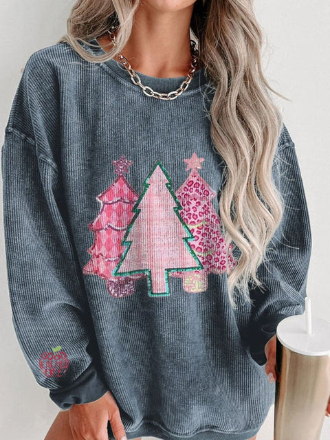 Cute Christmas Tree Women's  Casual Print Corduroy Sweatshirt