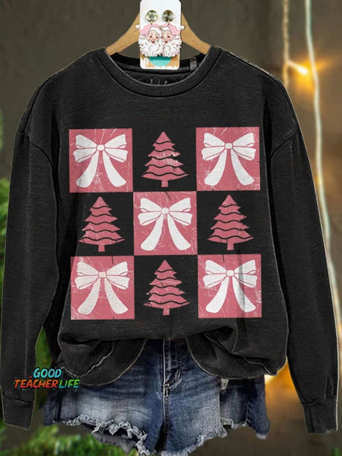 Christmas Retro Checkered Christmas Tree Pink bow Casual  Sweatshirt