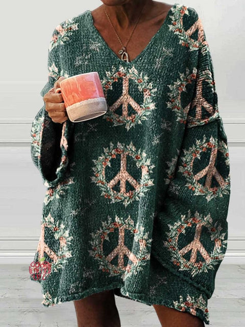 Women's Christmas Peace Sign Hippie Love and Peace Casual Pullover Sweater