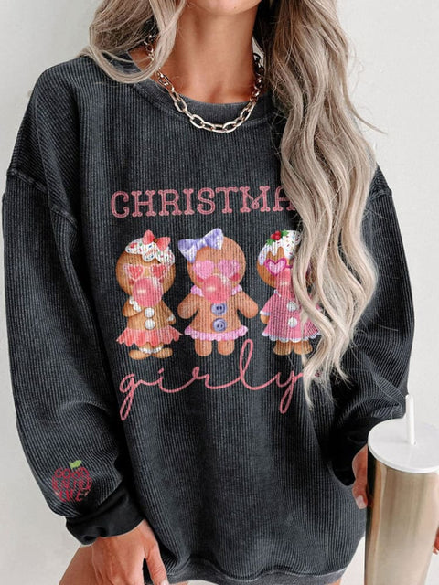 Women's Christmas Girly Gingerbread Man Casual Print Corduroy Sweatshirt