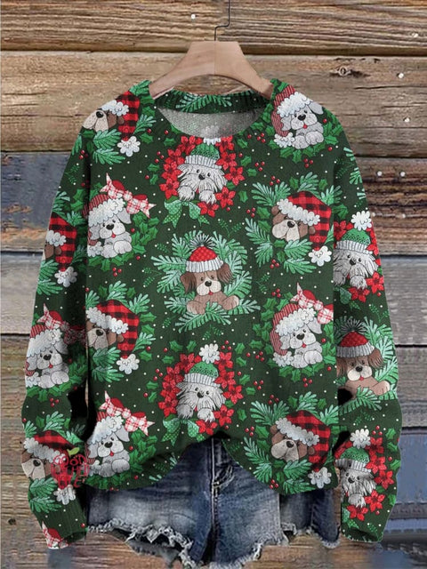 Christmas Cute Dogs Decorations Art Print Casual Knit Pullover Sweater