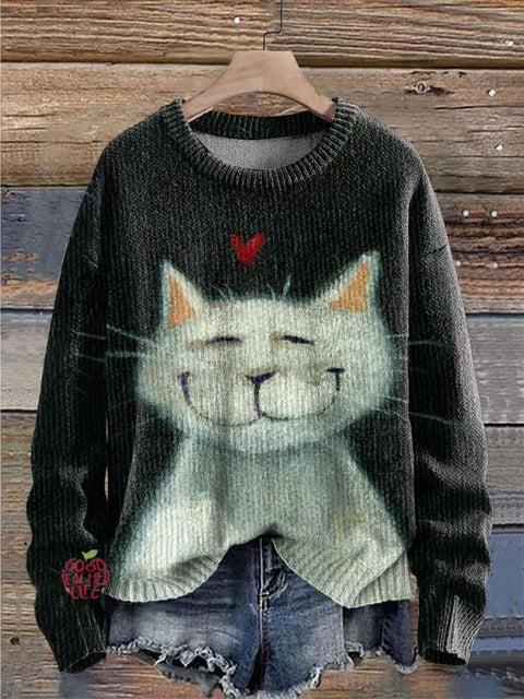 Cat Print Knit Pullover Sweater