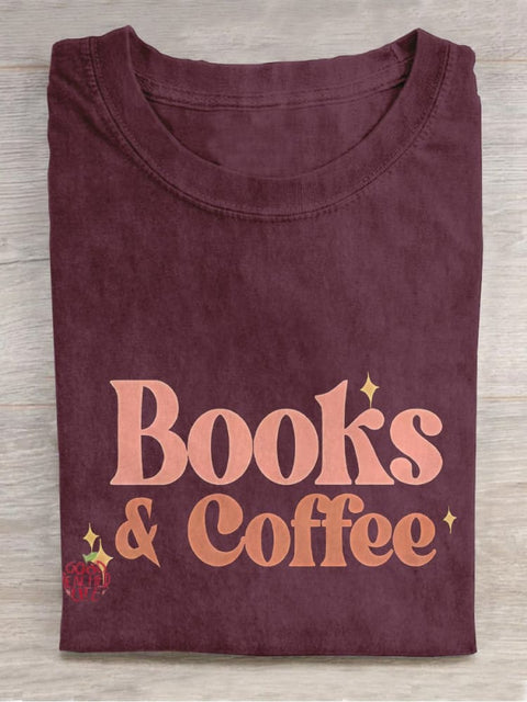 Books And Coffee Casual Print T-shirt