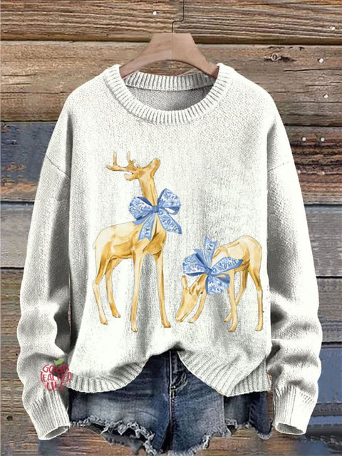 Christmas Elk Print Knit Pullover Sweater