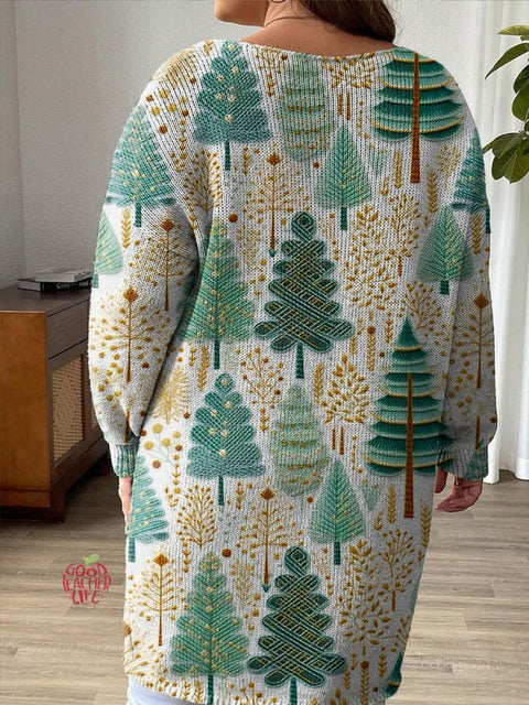 Women's Lovely Christmas Tree Art Print Casual Pullover Sweater Dress