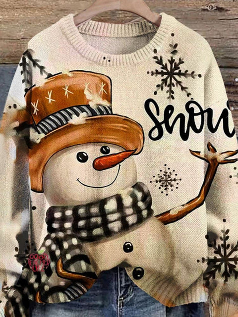 Snow Retro Christmas  Print Knit Pullover Sweater