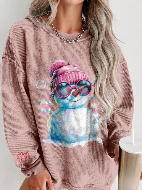 Women's Cute Snowman Sunglasses Christmas Casual Print Corduroy Sweatshirt