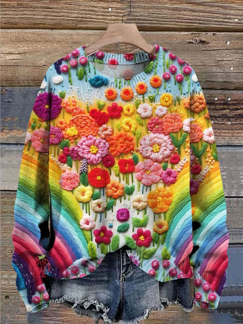 Multicolor Rainbow Flowers Simulation Embroidery Art Print Knit Pullover Sweater