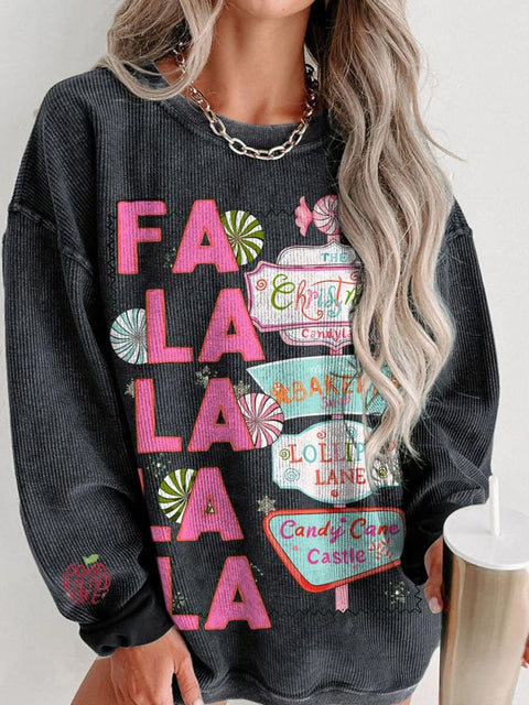 Christmas FaLaLaLaLa Retro Pink Women's  Casual Print Corduroy Sweatshirt