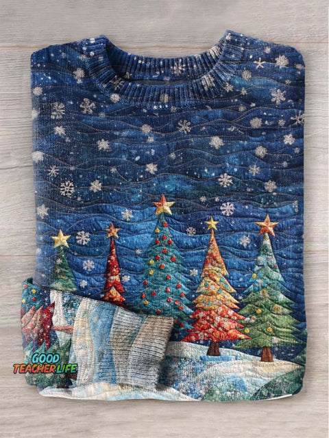 Christmas colorful Christmas tree Night Print Knit Pullover Sweater