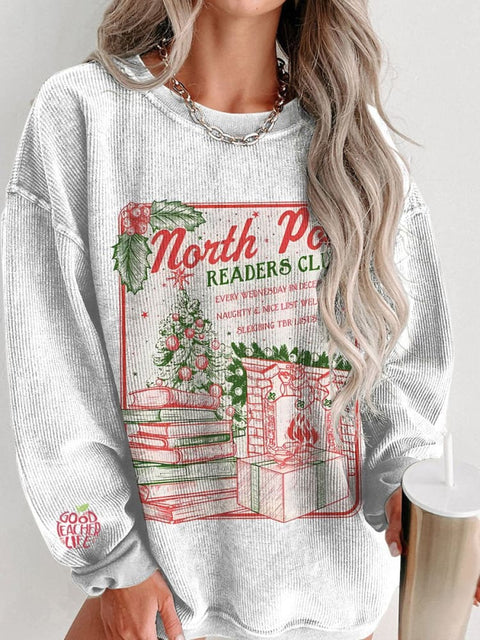 Bookish Christmas Pole Book Club Santa Women's  Casual Print Corduroy Sweatshirt