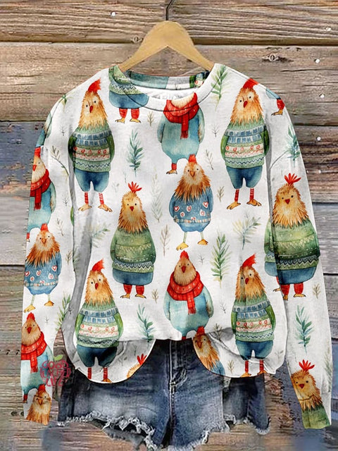 Christmas Cute Chickens In Sweaters Art Print Casual  Sweatshirt