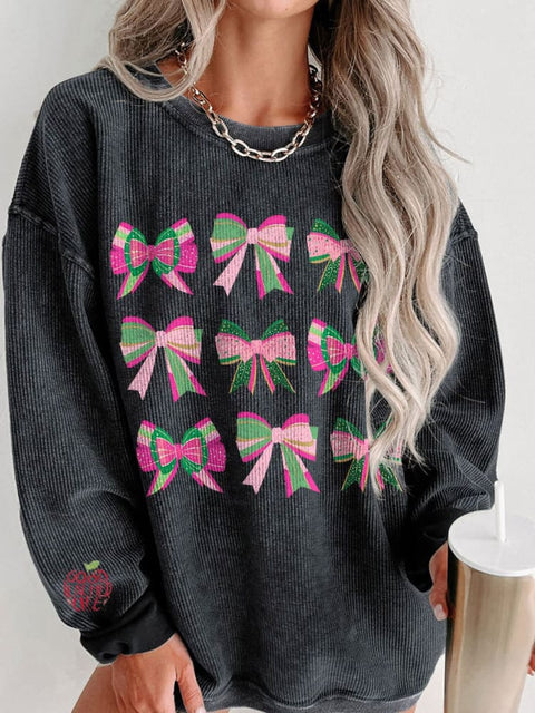 Women's Glitter Christmas Coquette Bows Casual Print Corduroy Sweatshirt