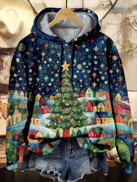 Christmas Night Stars Christmas Tree Town Print Casual Hoodie Sweatshirt