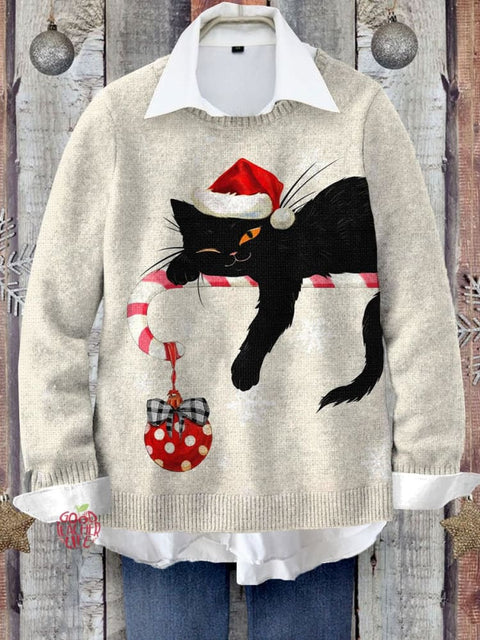 Black Cat Christmas Art Print Knit Pullover Sweater