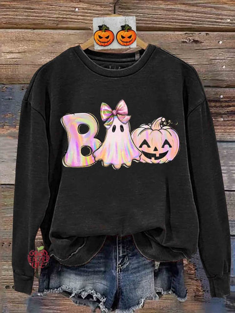 Retro Iridescent Ghost Pumpkin Pink Ghost Halloween Print Sweatshirt