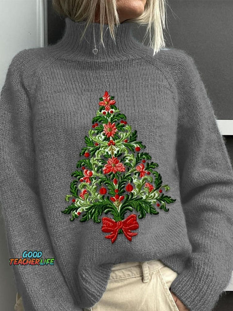 Embroidery  Christmas Tree Art Print Knit Turtleneck Pullover Sweater