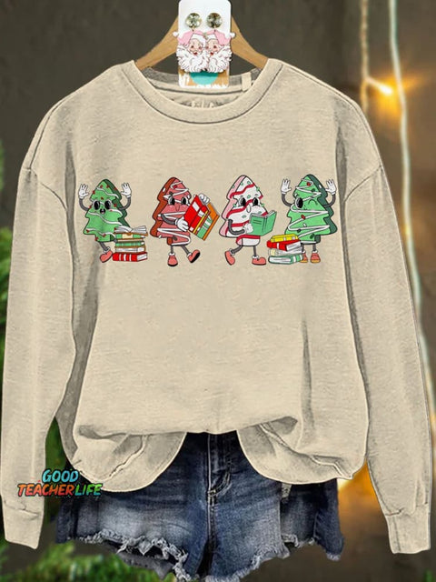 Christmas Cake Tree Reading Book Casual  Sweatshirt