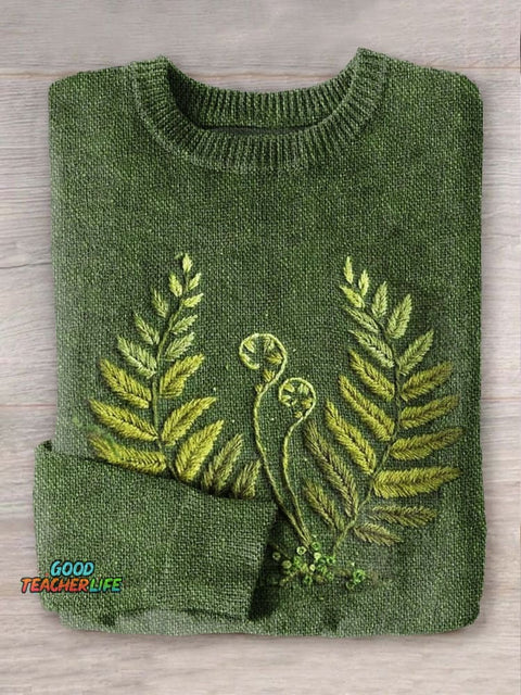 Green Leaves Art Print Knit Pullover Sweater