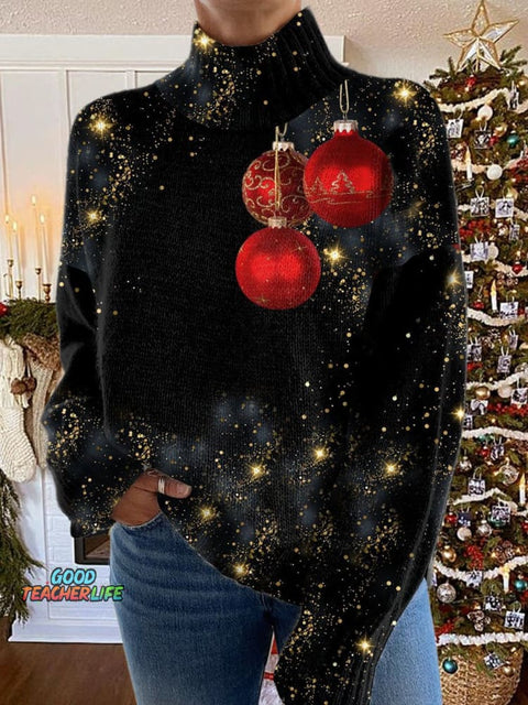 Glitter Christmas Print Knit Turtleneck Pullover Sweater