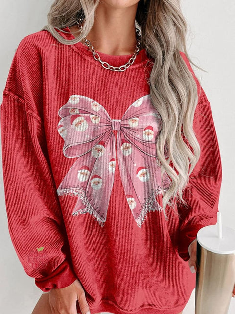 Christmas Cute Santa Bow Women's  Casual Print Corduroy Sweatshirt