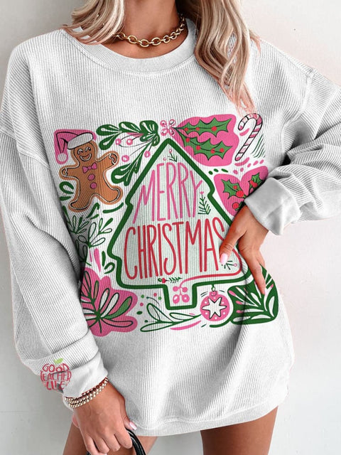 Christmas Boho Floral Christmas Women's  Casual Print Corduroy Sweatshirt