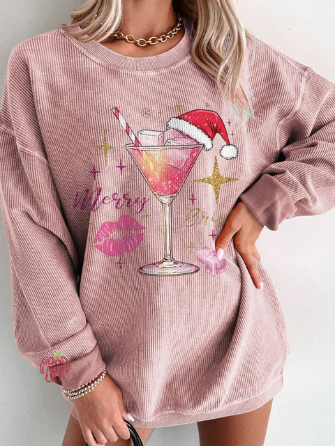 Christmas Drink Merry and Bright Glitter Christmas Women's  Casual Print Corduroy Sweatshirt