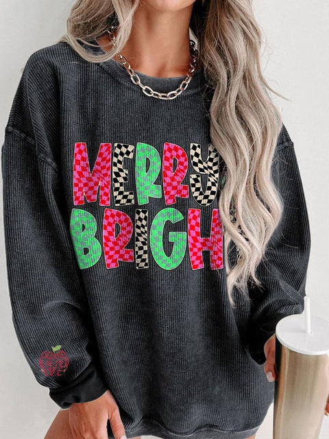 Christmas Merry and Bright Merry Women's  Casual Print Corduroy Sweatshirt