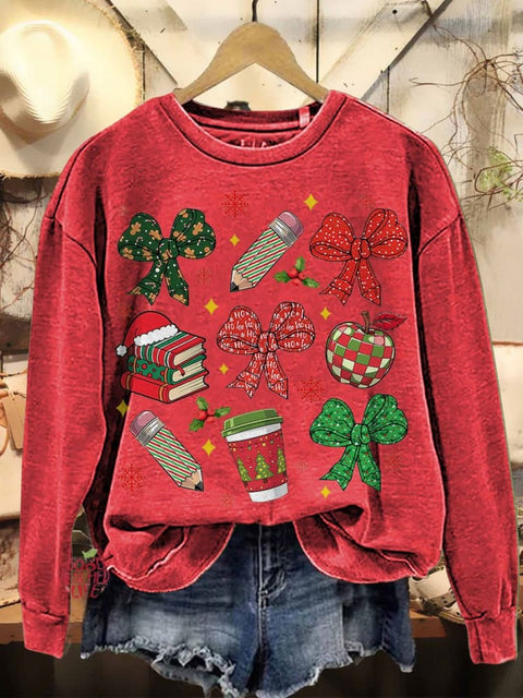 Coquettish Bow Teacher Christmas Pencil Casual Sweatshirt