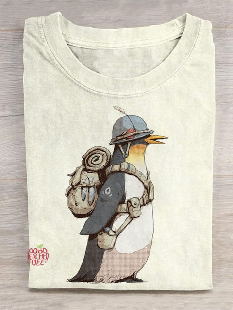 Penguin On A Trip Illustration Printed T-shirt