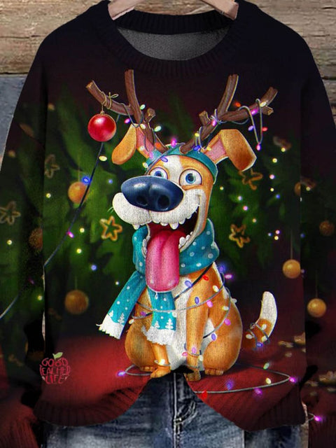 Christmas Funny Dog Decorations Art Print Casual Knit Pullover Sweater