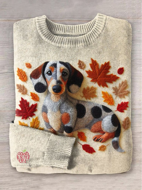 Felt Cute Dachshund Art Print Knit Pullover Sweater