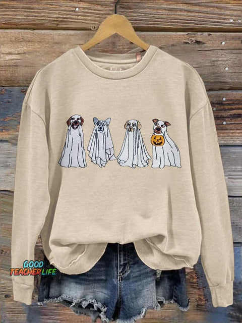 Women's Dog Ghost Print Casual Long Sleeve Sweatshirt