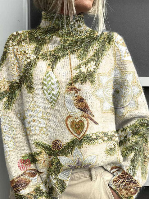 Christmas Tree Bird Art Print Knit Turtleneck Pullover Sweater