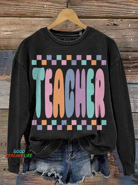 Retro Teacher Life Teacher Casual Print Sweatshirt
